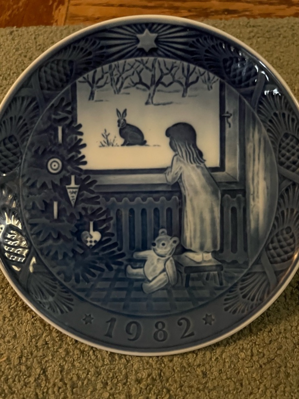 1982 Blue Decorative Collector Plate - Girl at Window Waiting for Christmas 7”